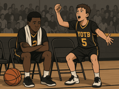 Youth basketball players on the bench—one cheering, one discouraged—showing the ups and downs of playing time.